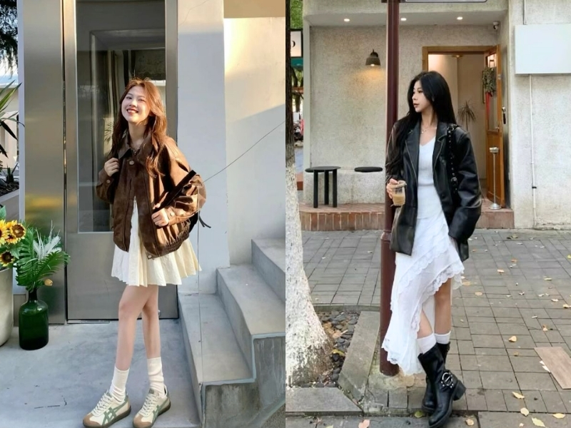 Áo khoác da phối với đầm