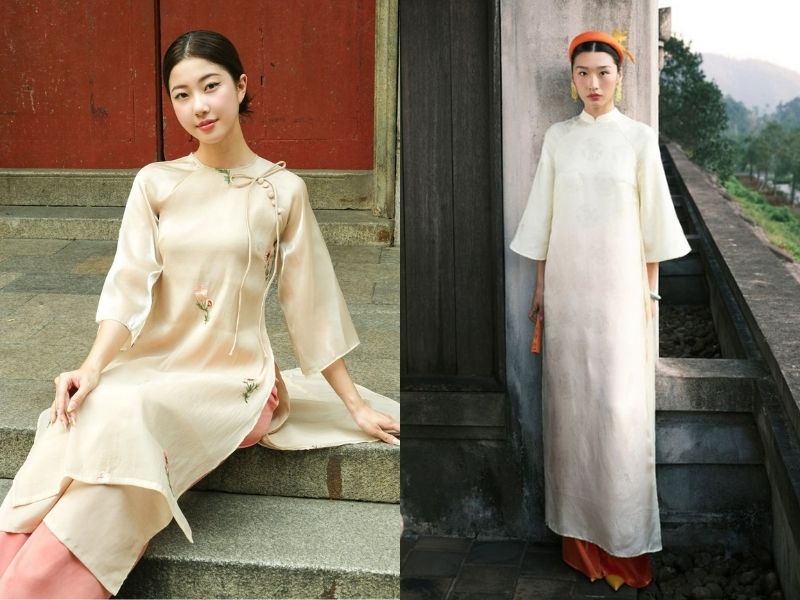 áo dài be phối quần màu hồng