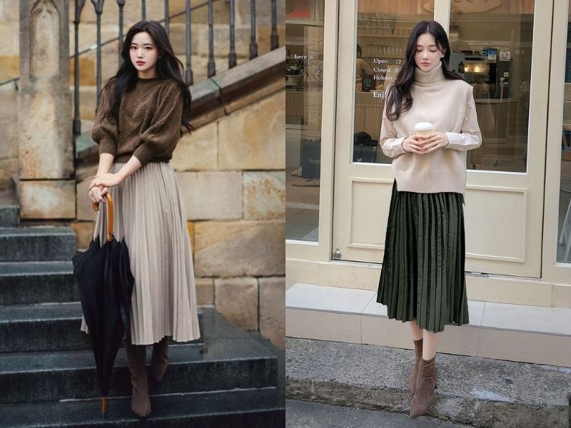 Áo len dáng gọn mix chân váy dài