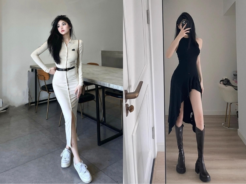 Chọn váy body xẻ tà kết hợp đai lưng