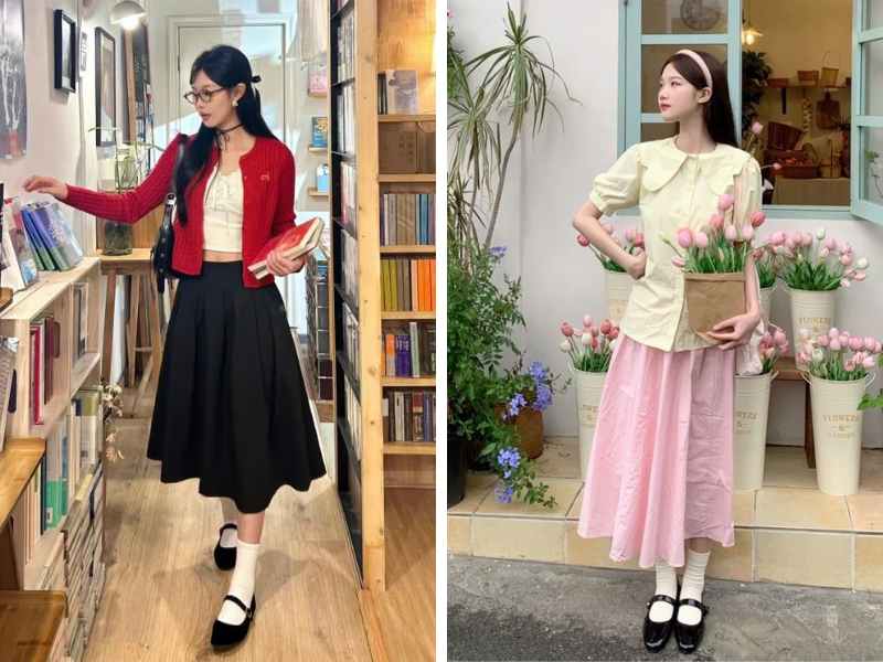 Phối đồ với giày búp bê và chân váy lửng