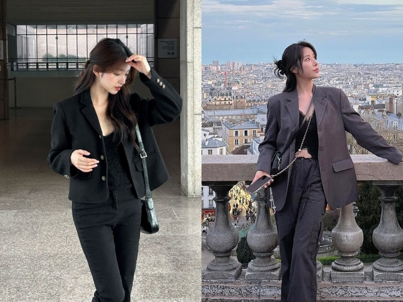 Phối đồ với áo vest đen nữ cùng áo hai dây