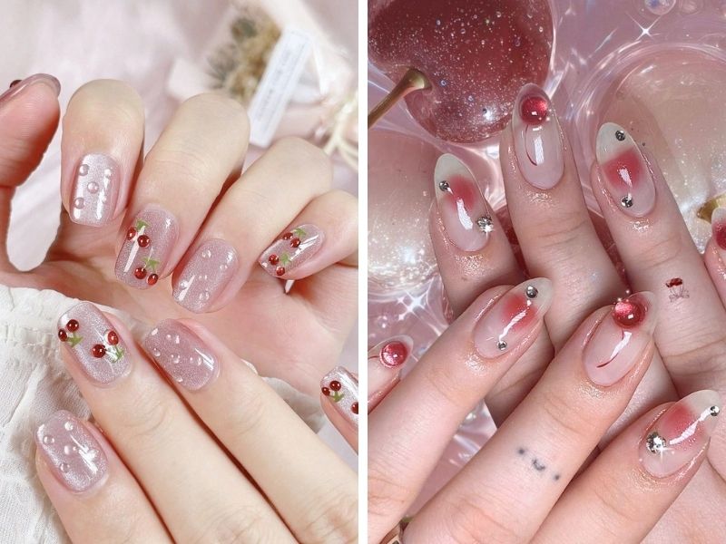 Mẫu nail thạch mắt mèo họa tiết trái cây