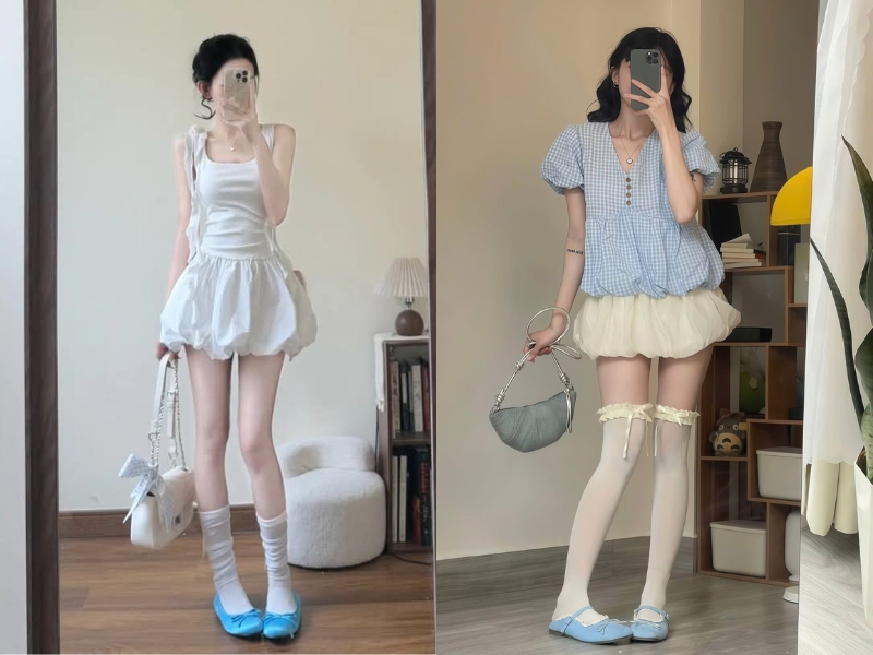 chân váy bí phối vớ cổ cao