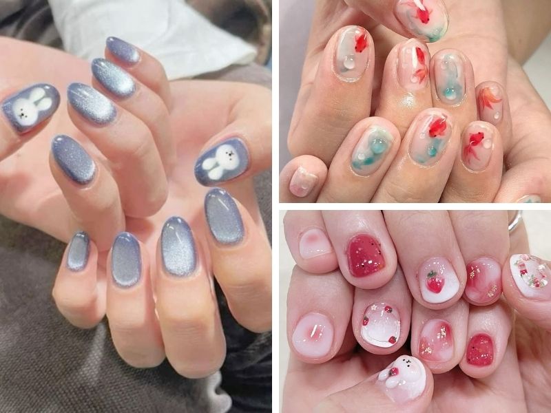 Mẫu nail thạch mắt mèo vẽ họa tiết
