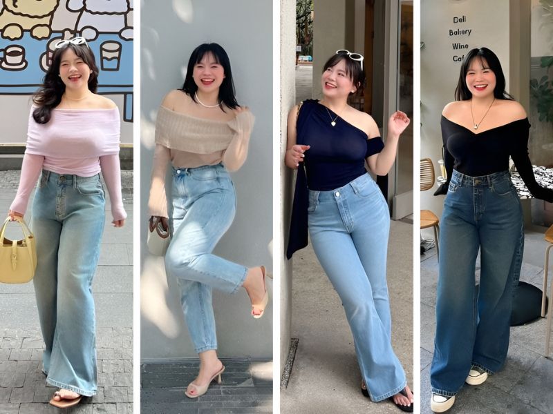 Áo trễ vai phối cùng quần jeans