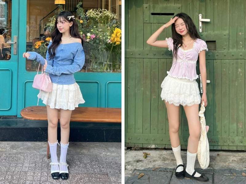 Mix đồ với giày búp bê và chân váy ngắn