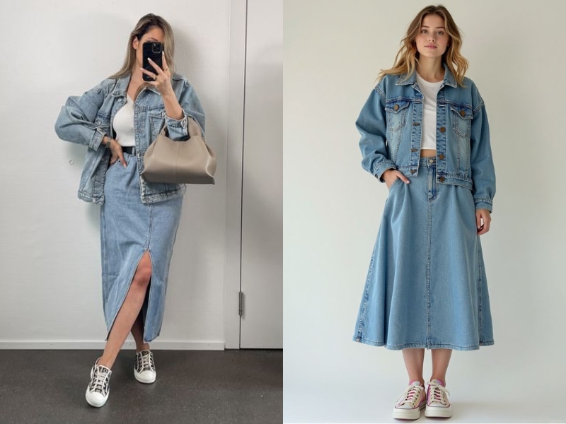 Phối áo khoác jeans với áo thun và chân váy jeans dài 