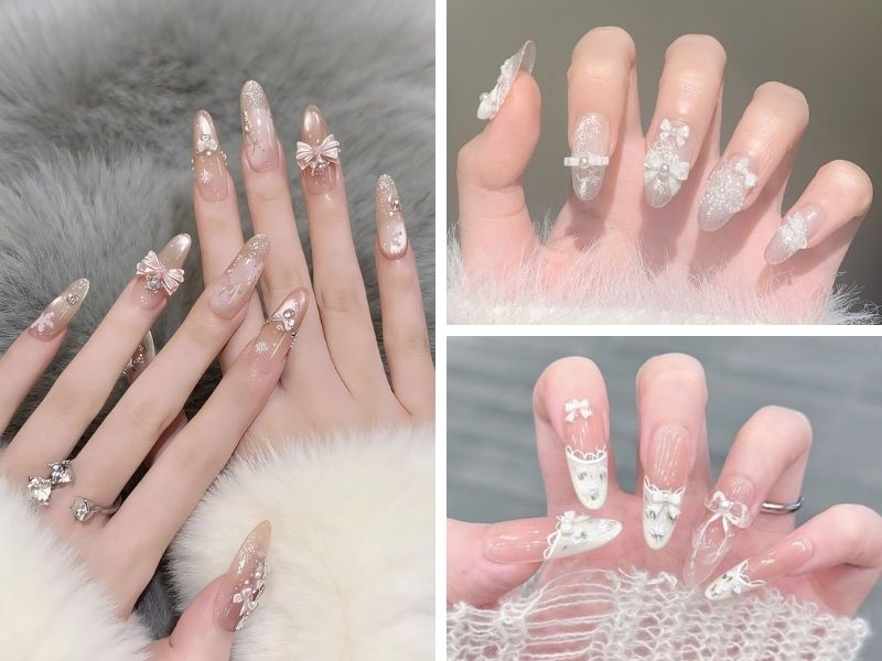 Mẫu nail thạch mắt mèo đắp nơ nổi