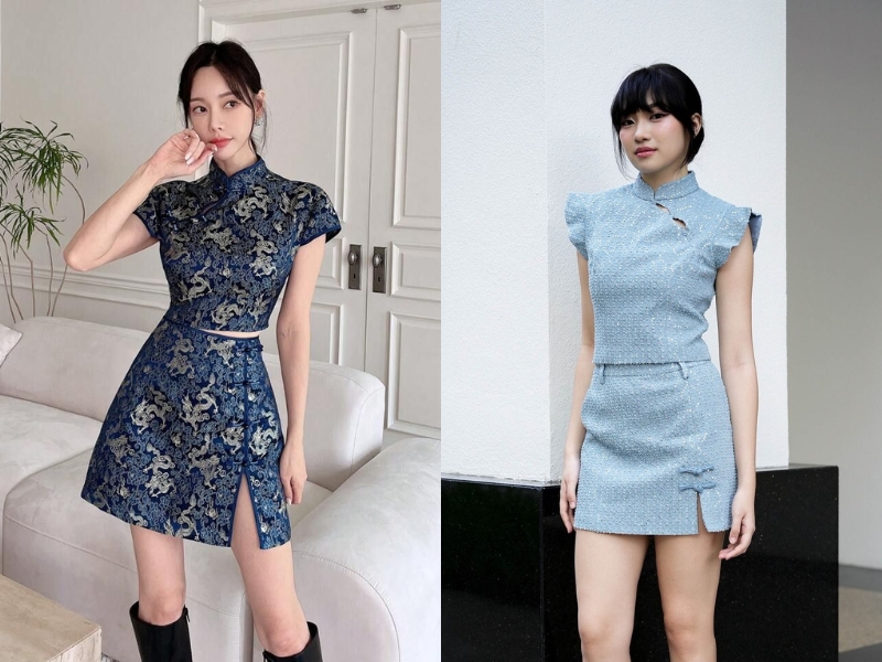 Phối sườn xám cùng chân váy ngắn