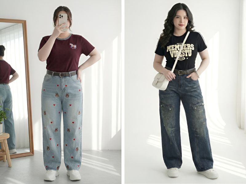 áo thun phối cùng quần jeans cho nữ béo