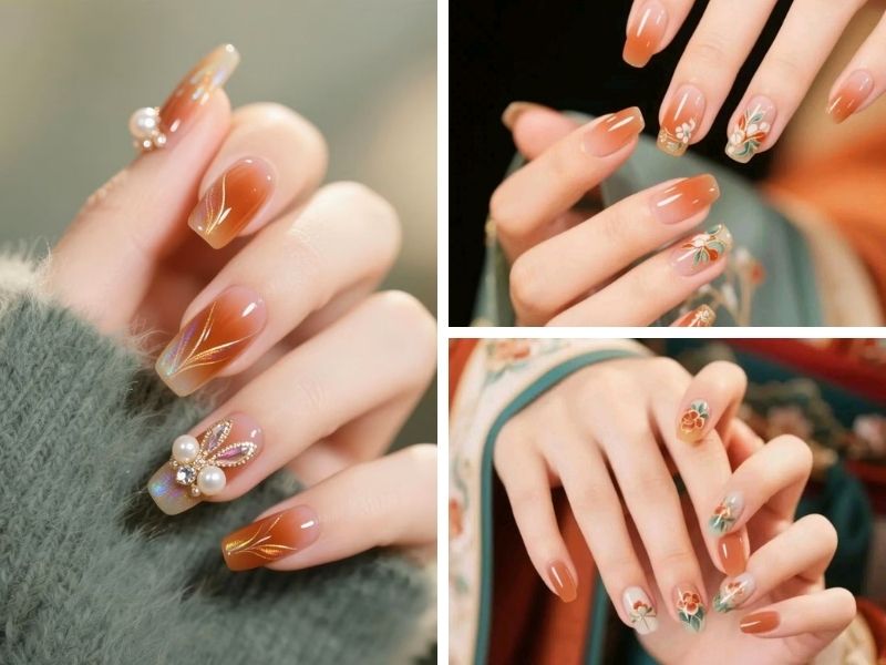 Mẫu nail sơn thạch mắt mèo tông cam đất