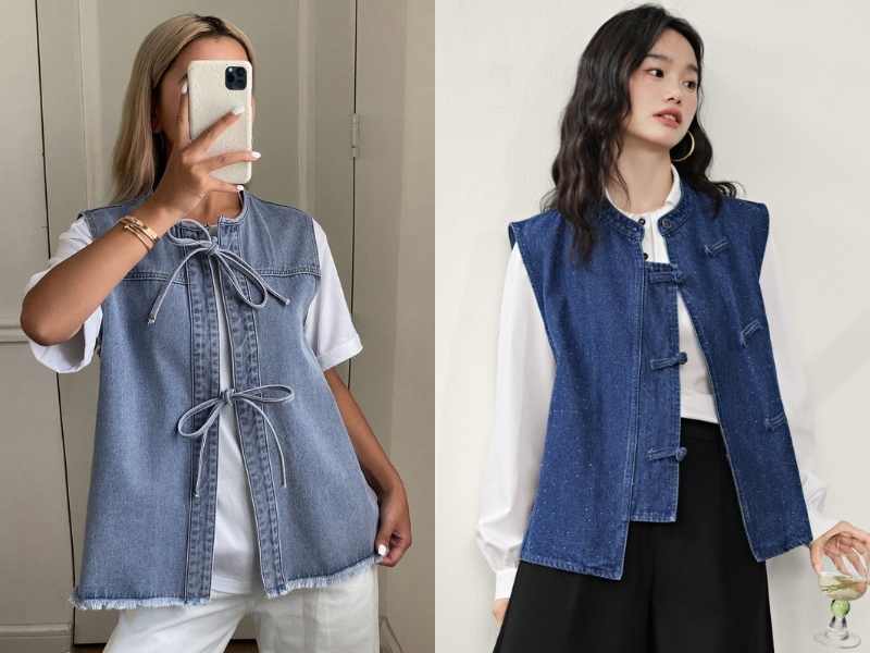 phối áo khoác jean nữ dáng ba lỗ cùng áo thun