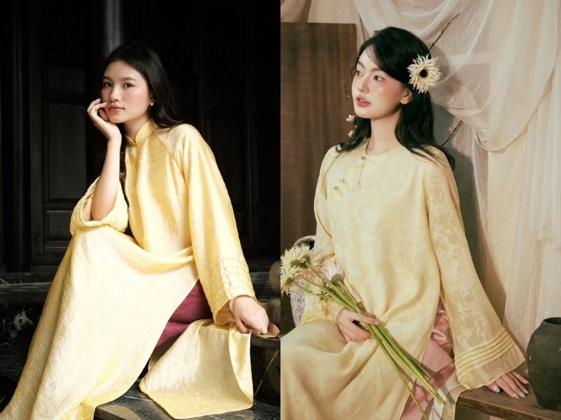 Áo dài vàng đi cùng quần hồng pastel