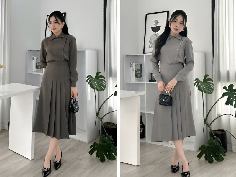 Set đồ áo sơ mi cúc lệch và chân váy