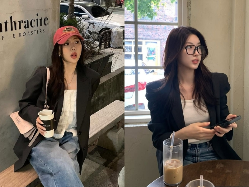 Phối đồ với áo vest đen nữ cùng áo hai dây