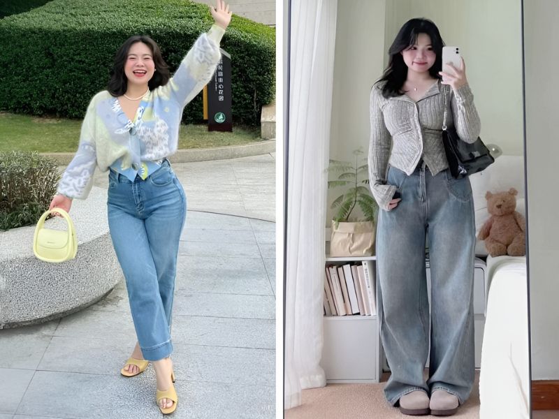 Áo cổ chữ V và quần jeans