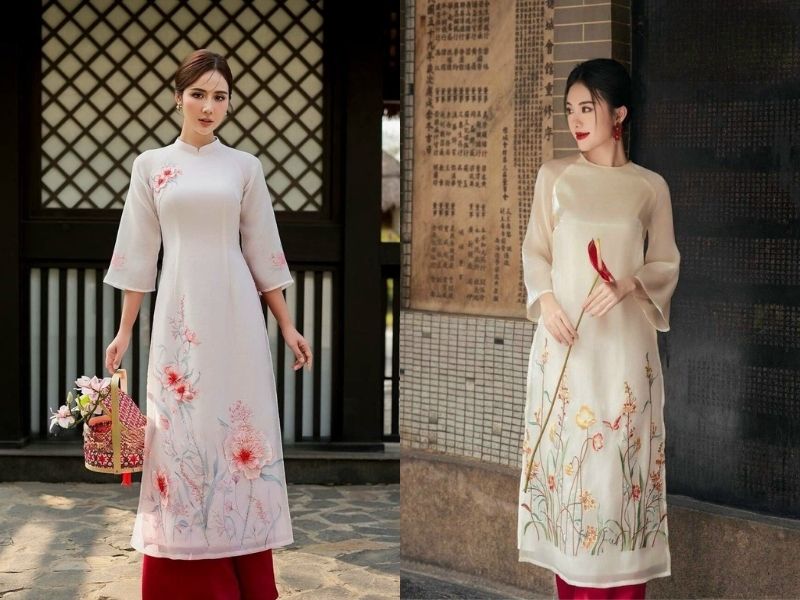 áo dài be phối quần màu đỏ