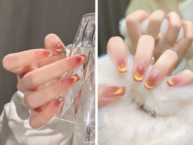 Mẫu nail sơn thạch mắt mèo tone đỏ