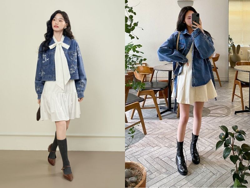 Áo khoác jean nữ mặc với đầm