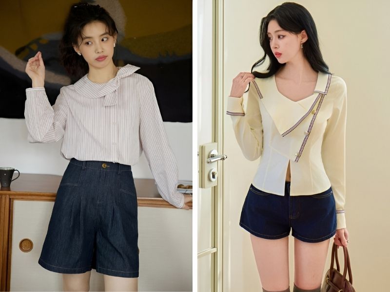 Áo sơ mi cúc lệch và quần short