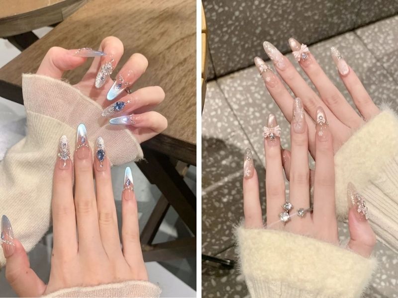Mẫu nail sơn thạch mắt mèo gắn charm
