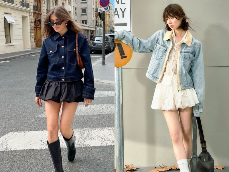 phối đồ với áo khoác jean nữ và chân váy chữ A