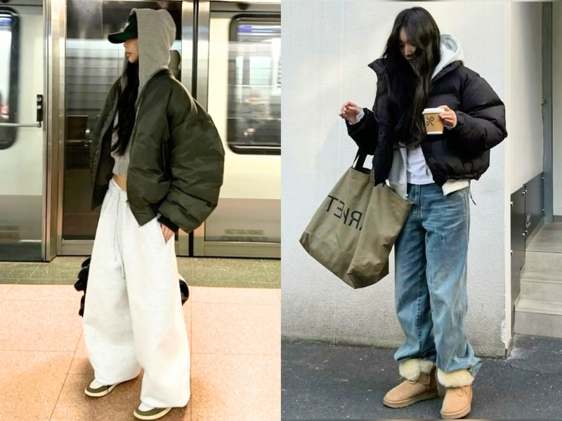 Hoodie phối áo phao ngắn