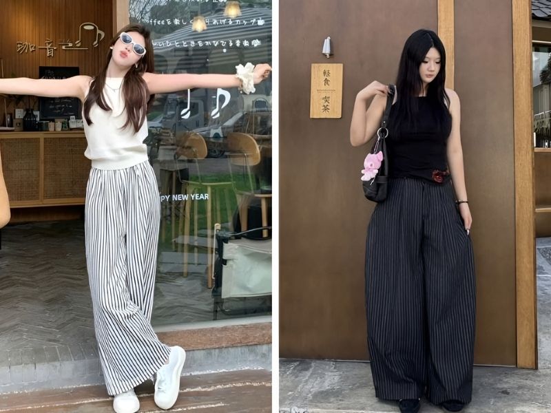 Phối áo sát nách và quần kẻ sọc cho nữ