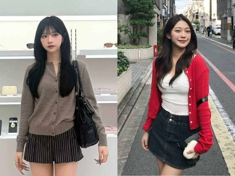 mix cardigan dáng ngắn với chân váy chữ A