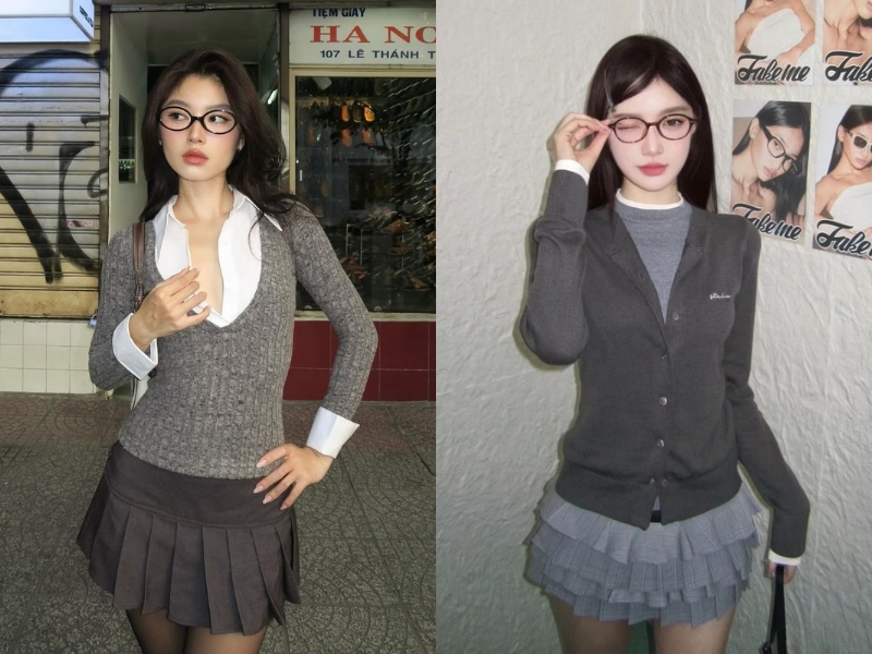Phối đồ với áo cardigan ngắn cùng chân váy xếp ly