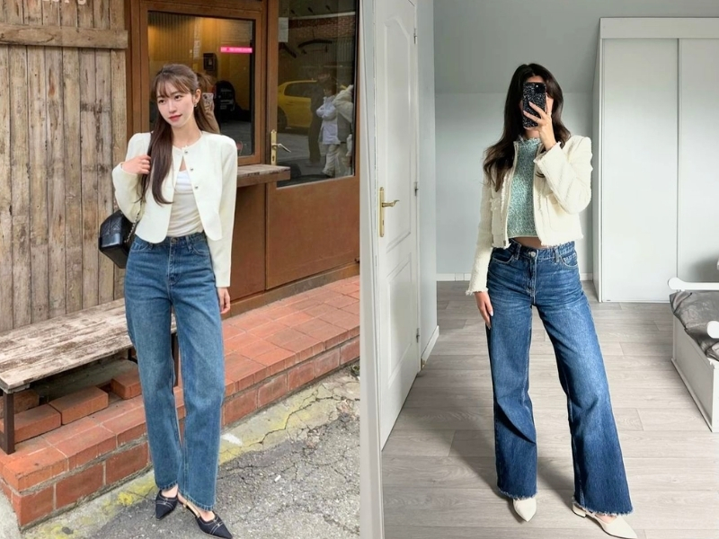 Phối đồ với cardigan dáng ngắn cùng quần jean ống đứng