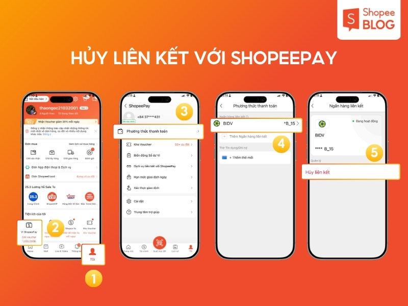 hủy tài khoản ngân hàng trên ví ShopeePay