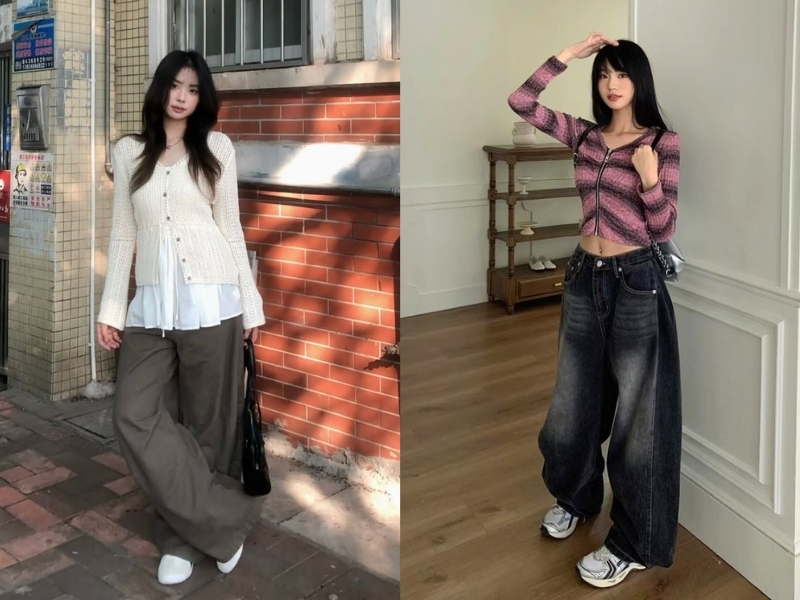 phối áo cardigan ngắn với quần ống rộng