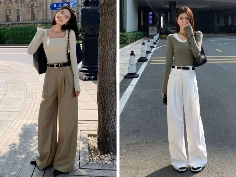 Quần tây phối áo dáng ngắn cho dáng quả lê
