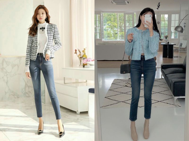 skinny jeans và áo tweed