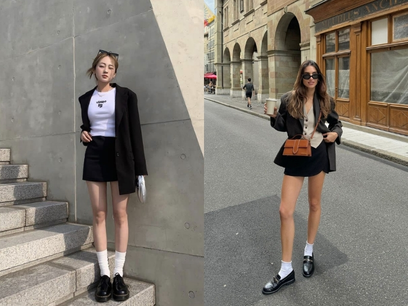 Chân váy ngắn mix áo blazer cho người thấp