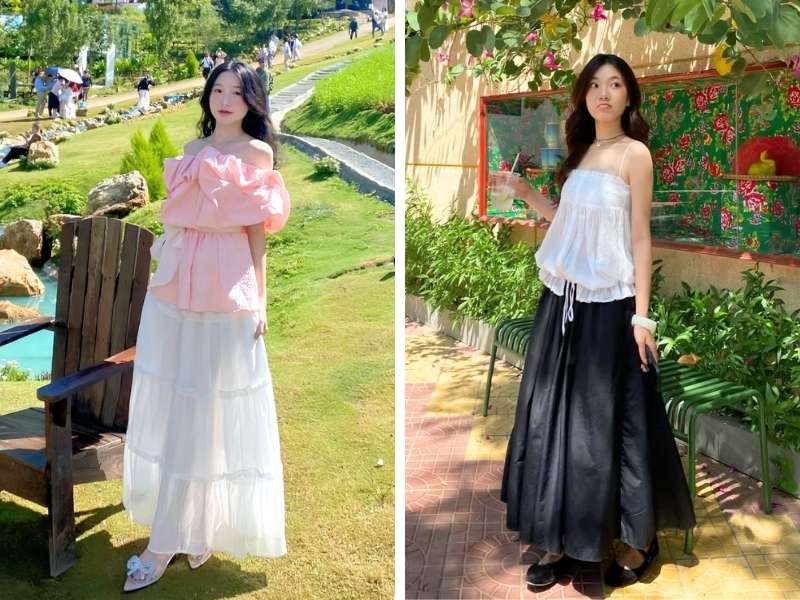 Áo peplum phối chân váy xoè cho dáng quả lê