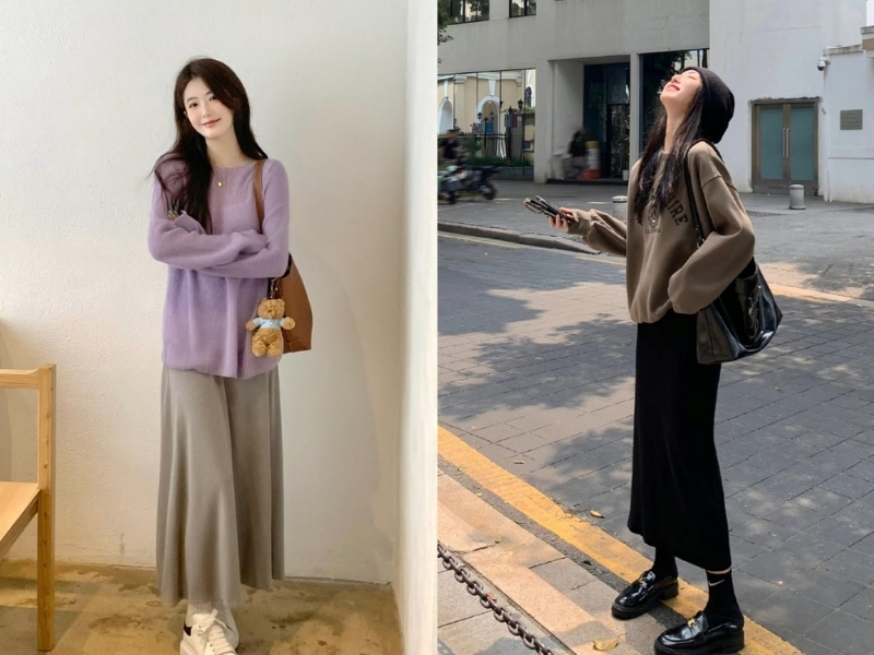 Chân váy len dài mặc với áo sweater