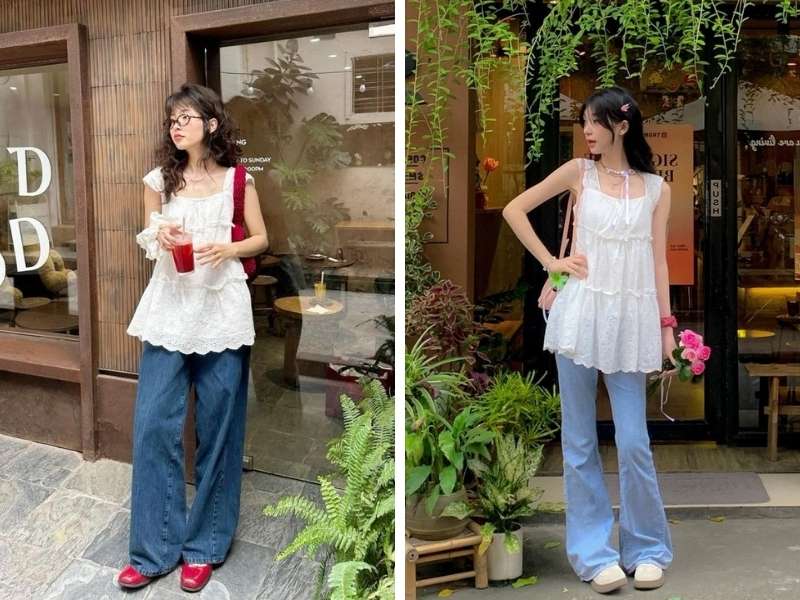 Mix babydoll với quần jean ống rộng đi Sapa