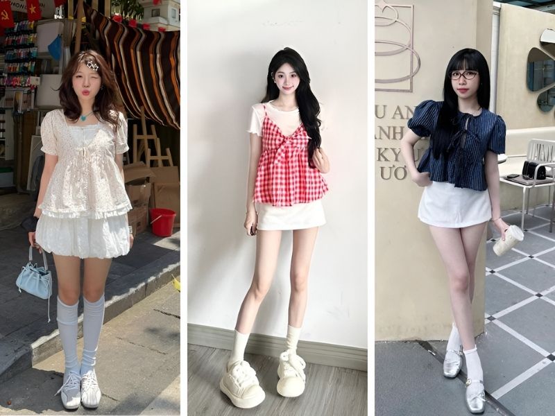 Phối chân váy trắng ngắn và áo baby doll 
