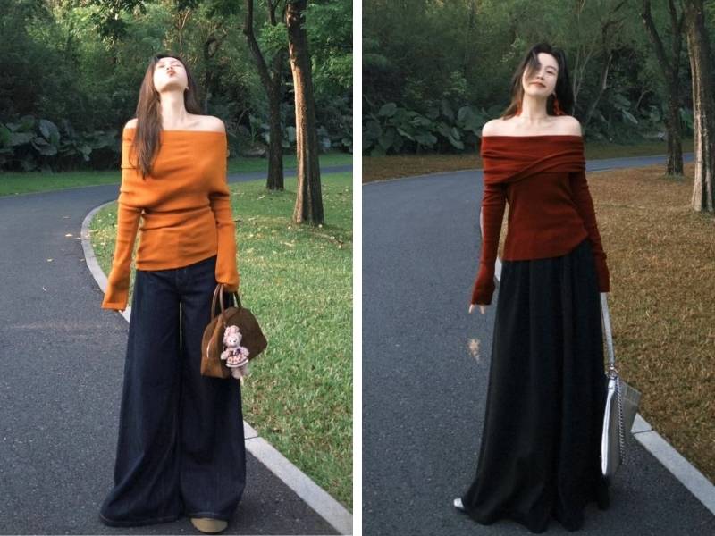 Cách phối áo trễ vai cho dáng tam giác ngược