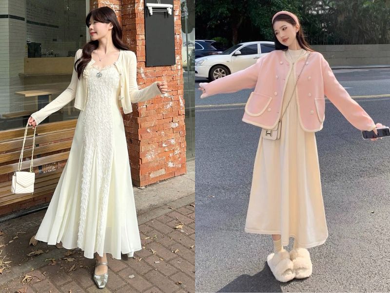 váy dài trắng be với cardigan trắng hoặc hồng thiên bình