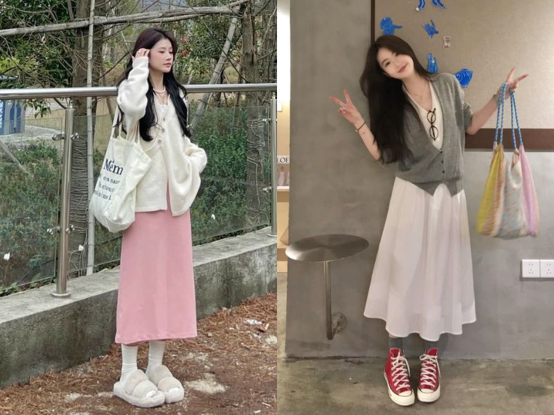 áo cardigan với chân váy chữ A trắng hồng xám xử nữ