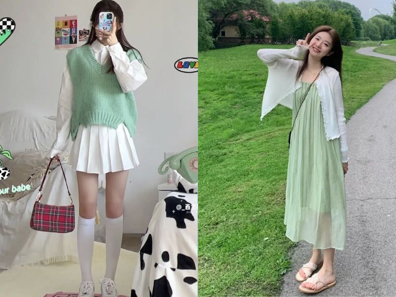 phối đồ màu mint và kem