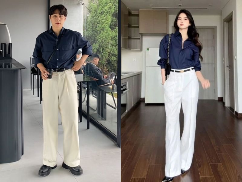 áo sơ mi xanh navy quần trắng
