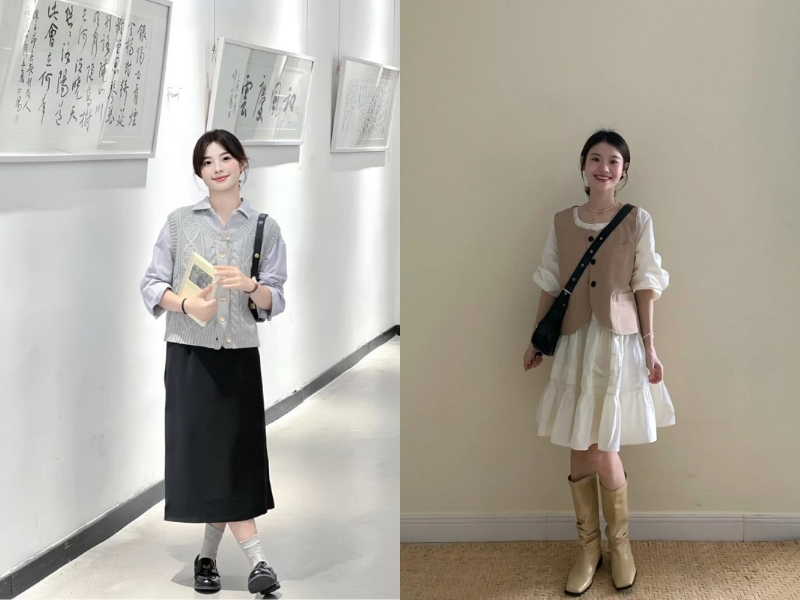 Combo áo gile phối cùng sơ mi cho nữ