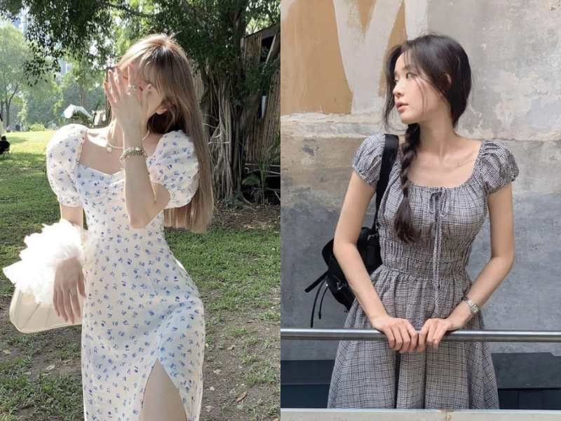 Đầm cổ vuông hoa nhí nữ tính
