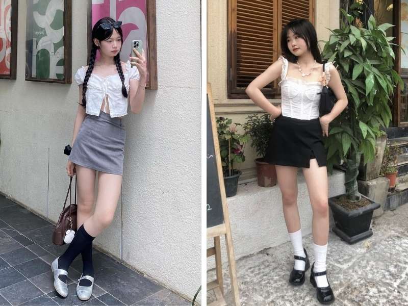 Váy chữ A mix áo kiểu cho dáng quả lê