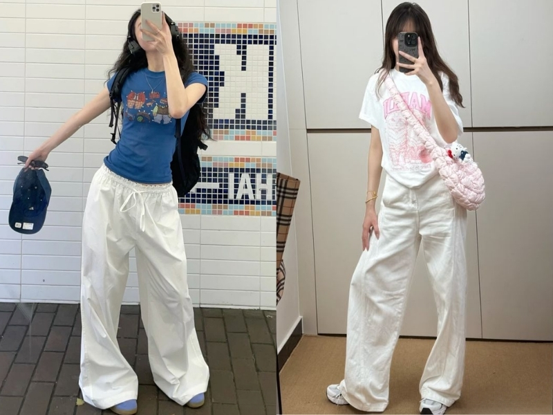 Áo baby tee phối quần ống rộng tạo vibe năng động